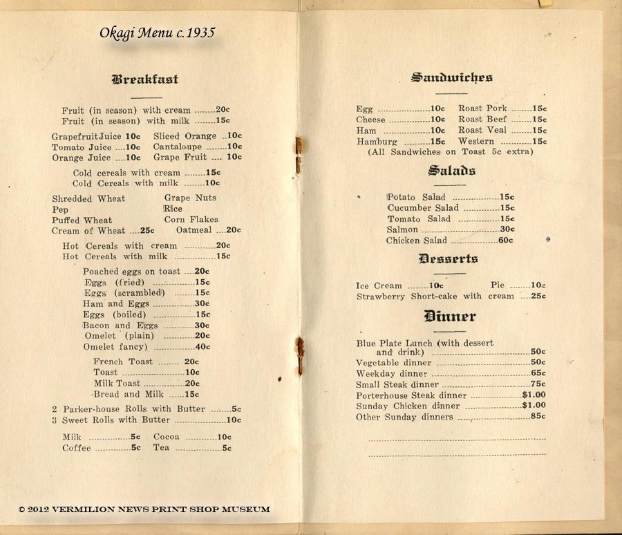 Okagi Restaurant Menu c.1935 =